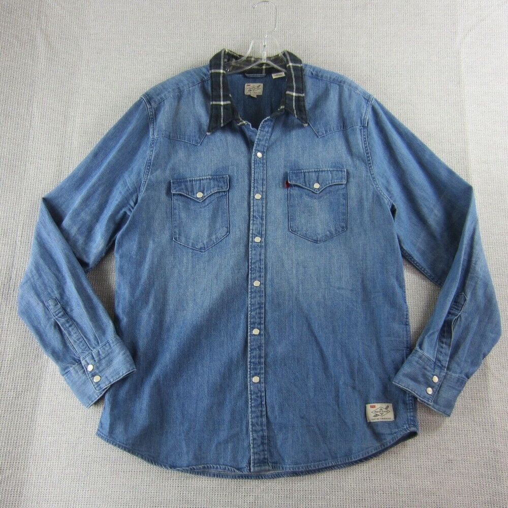 Levis Fresh Leaves Denim Jacket Mens XL Blue Long Sleeve Pearl Snap Button Y2K